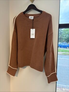 Women's Caramel Crewneck Sweater with Ivory Stripe Detail